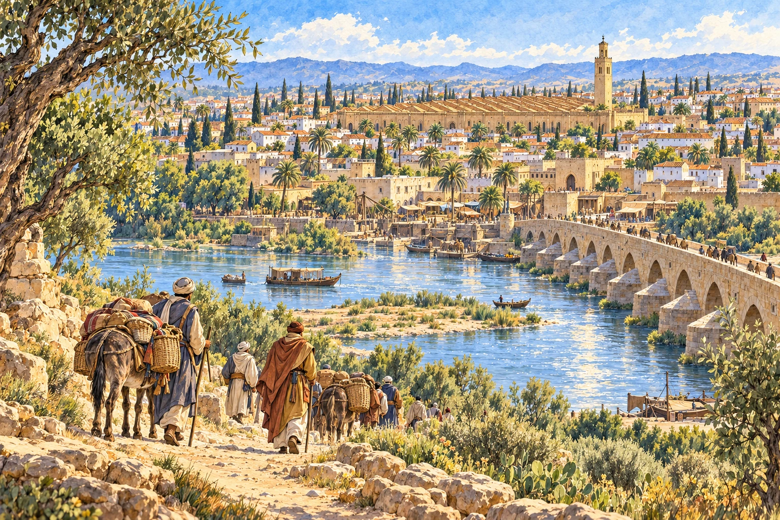 Travellers and pack animals approach the stone bridge across the Guadalquivir, with low-roofed Córdoba beyond. Original ink-and-watercolour imaginative reconstruction.