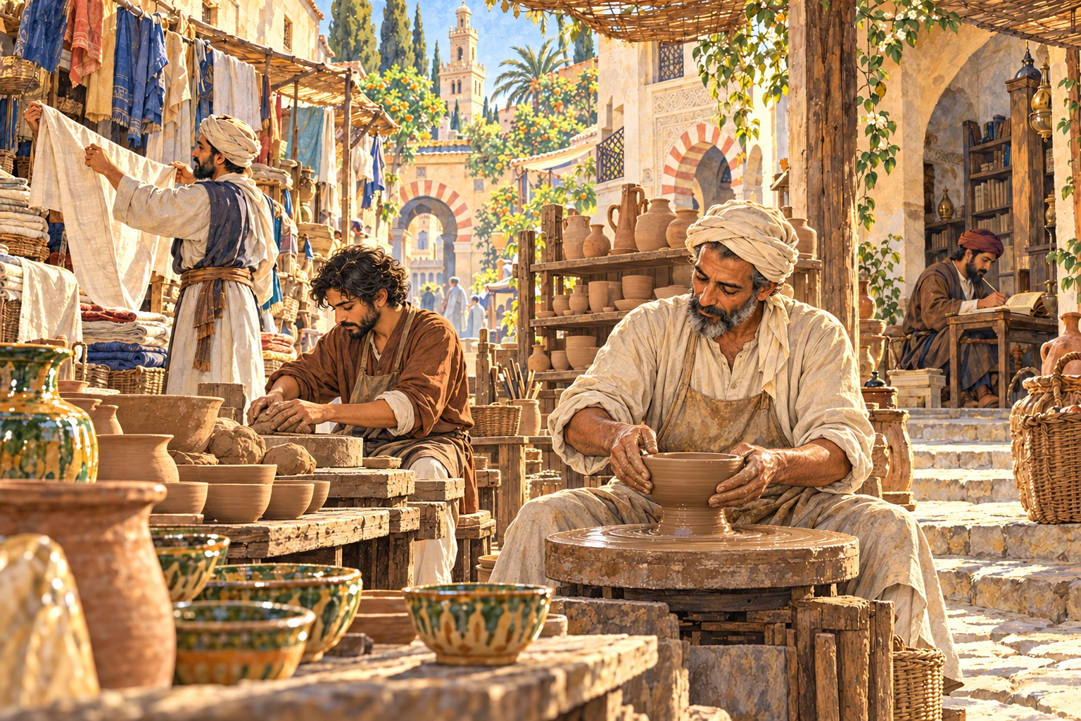 A potter shapes a bowl while an adult apprentice prepares clay; a cloth seller and copyist work farther down the lane. Original ink-and-watercolour imaginative reconstruction.