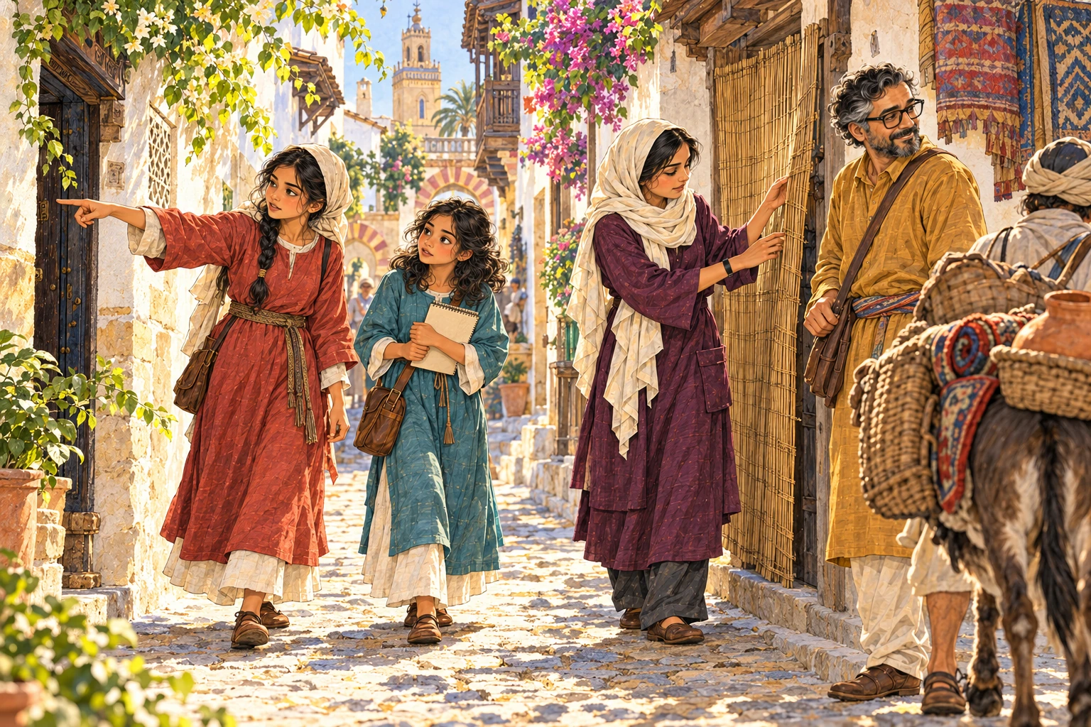 Maryam points out a doorway to Nora while Sara examines a woven screen and Ali looks towards a passing delivery. Original ink-and-watercolour imaginative reconstruction.