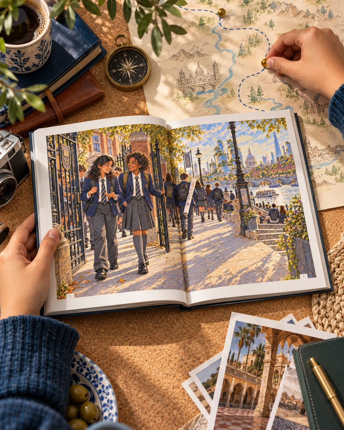 Illustrative photograph: An open illustrated book on a pale cork travel-planning board beside a hand-drawn winding route on unlettered paper, a real hand placing a small marker.