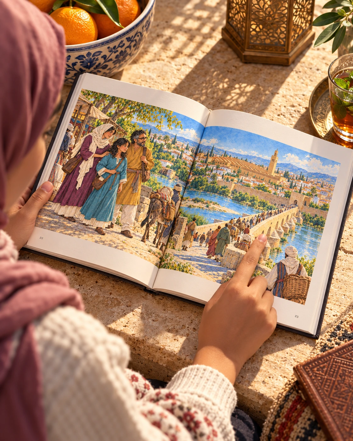 Illustrative photograph: A close editorial photograph of an Arab teenage reader pointing just outside an architectural detail in the open book.