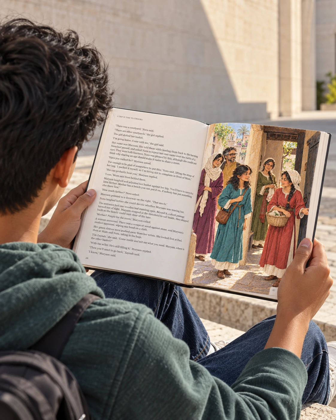 Illustrative photograph: A South Asian teenage boy reading on wide stone steps in a contemporary museum courtyard, modern clothes, photographed from behind at a low diagonal angle.
