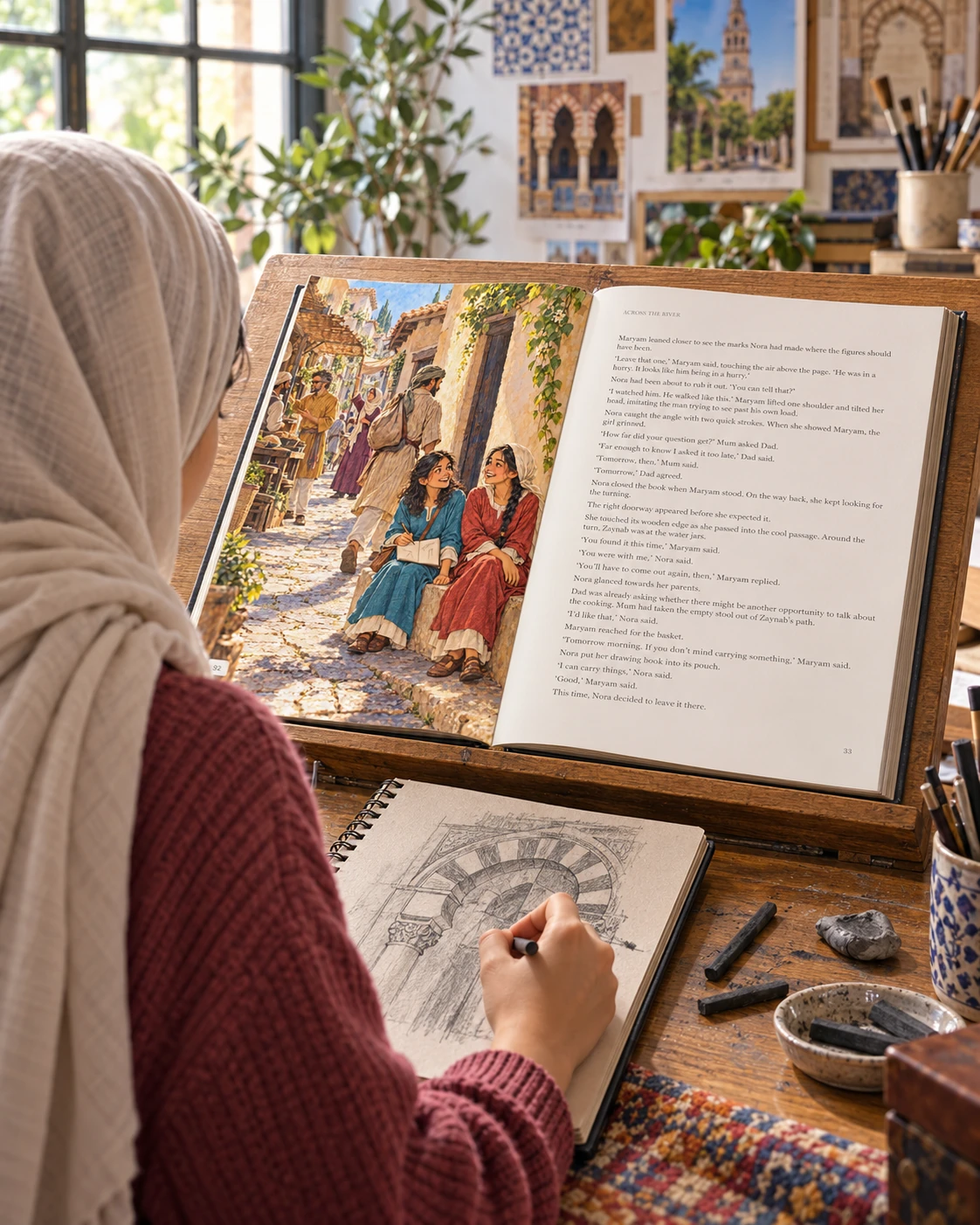 Illustrative photograph: An Arab teenage girl in a headscarf sketching an architectural motif from the open book in a contemporary art studio.