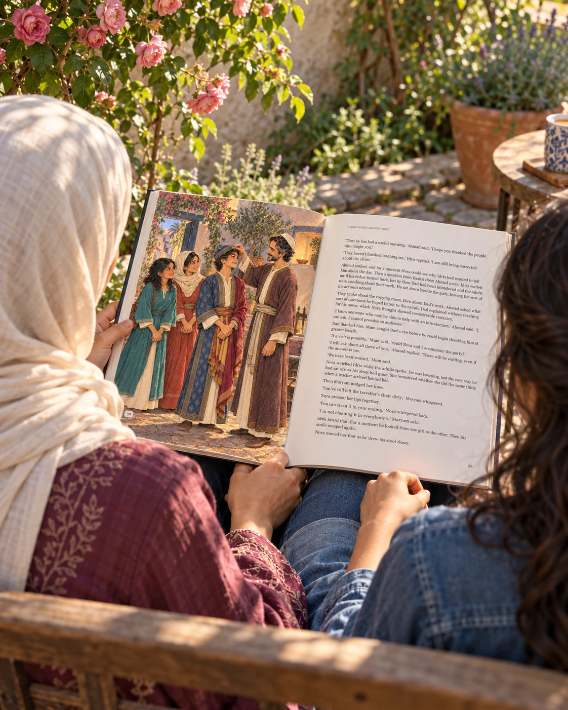 Illustrative photograph: Arab mother in a cream hijab and teenage daughter with uncovered dark hair reading together on a garden bench beneath a climbing rose.
