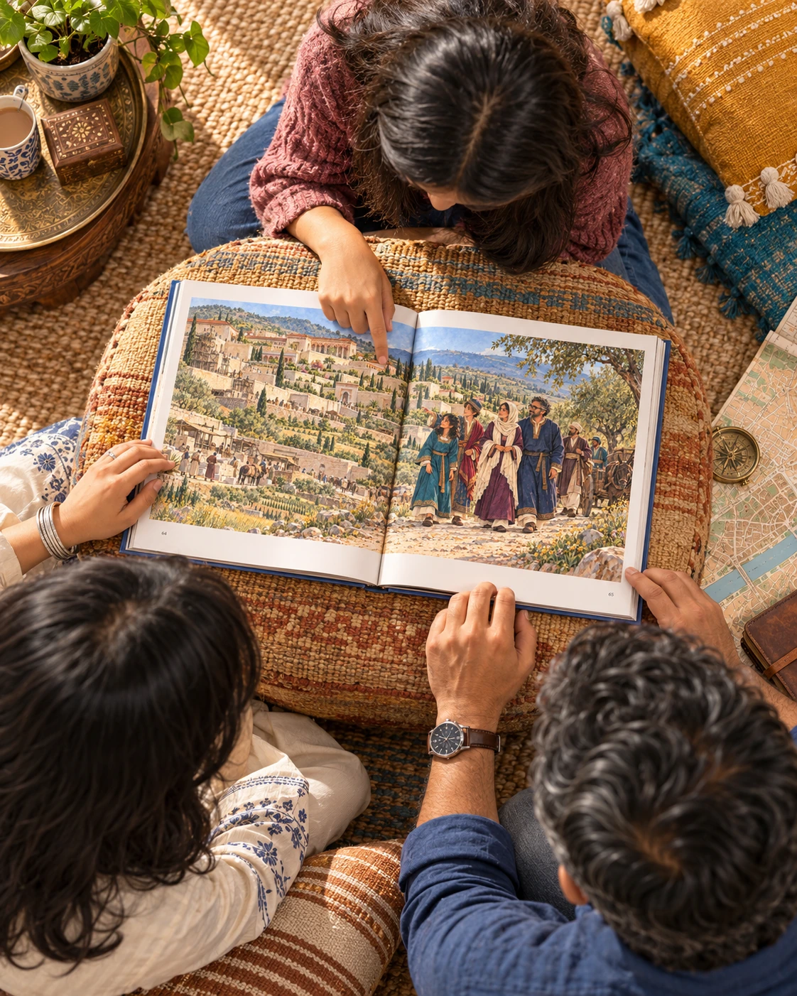 Illustrative photograph: A contemporary South Asian family, parents and teenage daughter, gathered on a woven rug around a fold-out unlettered city map and the open book on a low ottoman.
