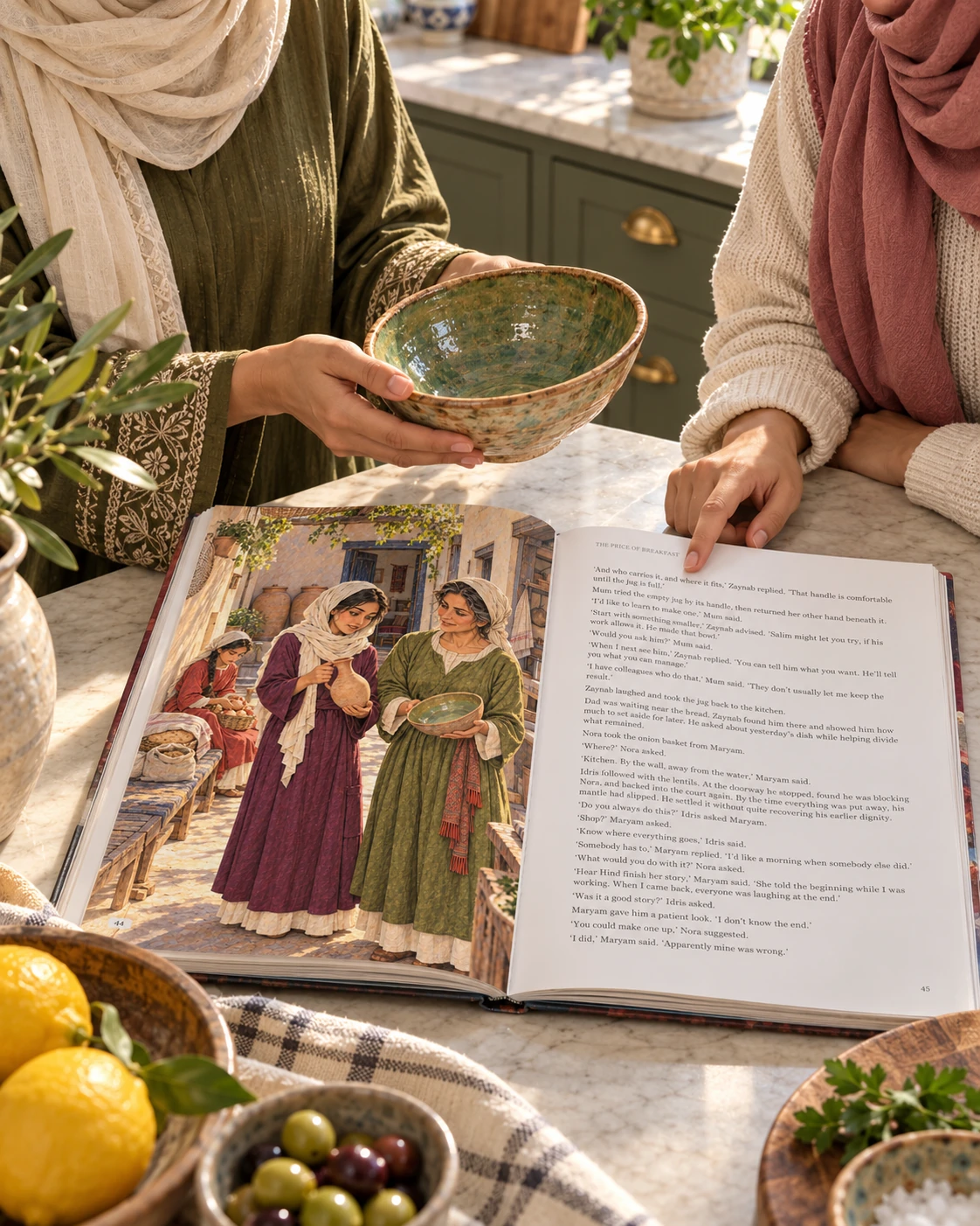 Illustrative photograph: Arab mother and teenage daughter BOTH wearing hijabs, comparing a handmade glazed bowl with the pottery illustration in the open book at a modern kitchen island.