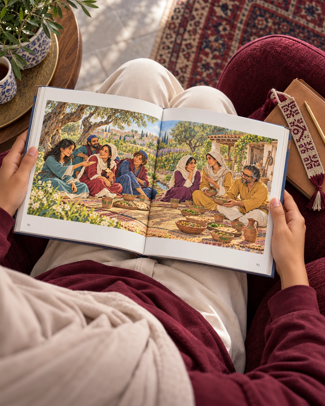 Illustrative photograph: Overhead view of an Arab teenage reader seated in an upholstered chair, open book on their lap, small notebook and a woven bookmark on the adjacent seat.
