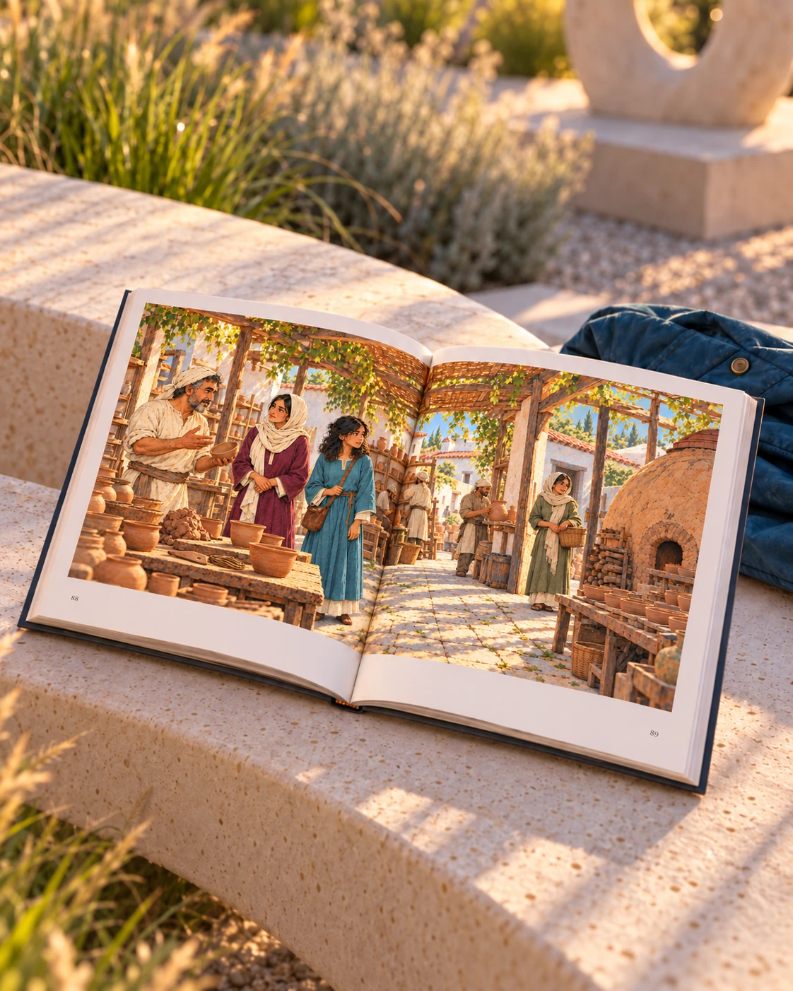 Illustrative photograph: Open illustrated book on a pale curved stone bench beside a carefully folded petrol-blue travel jacket.