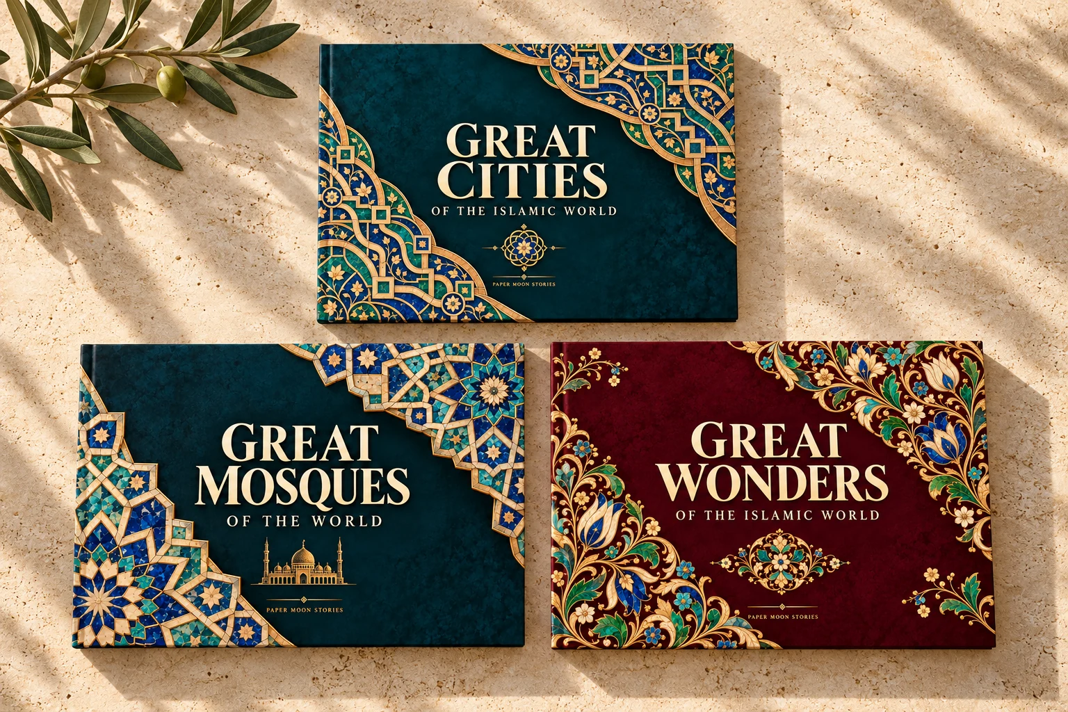 All three illustrated books in an illustrative setting