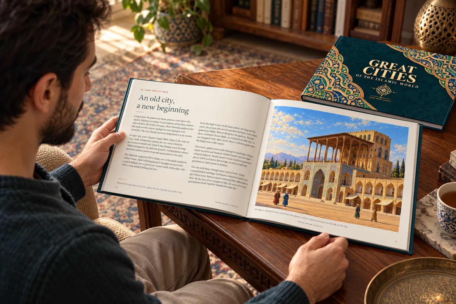 Illustrative adult reading Great Cities of the Islamic World
