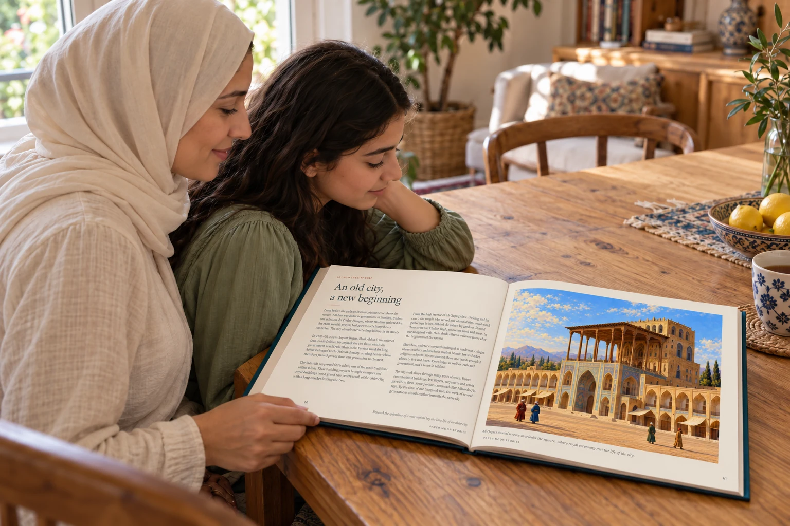 Illustrative family reading Great Cities of the Islamic World