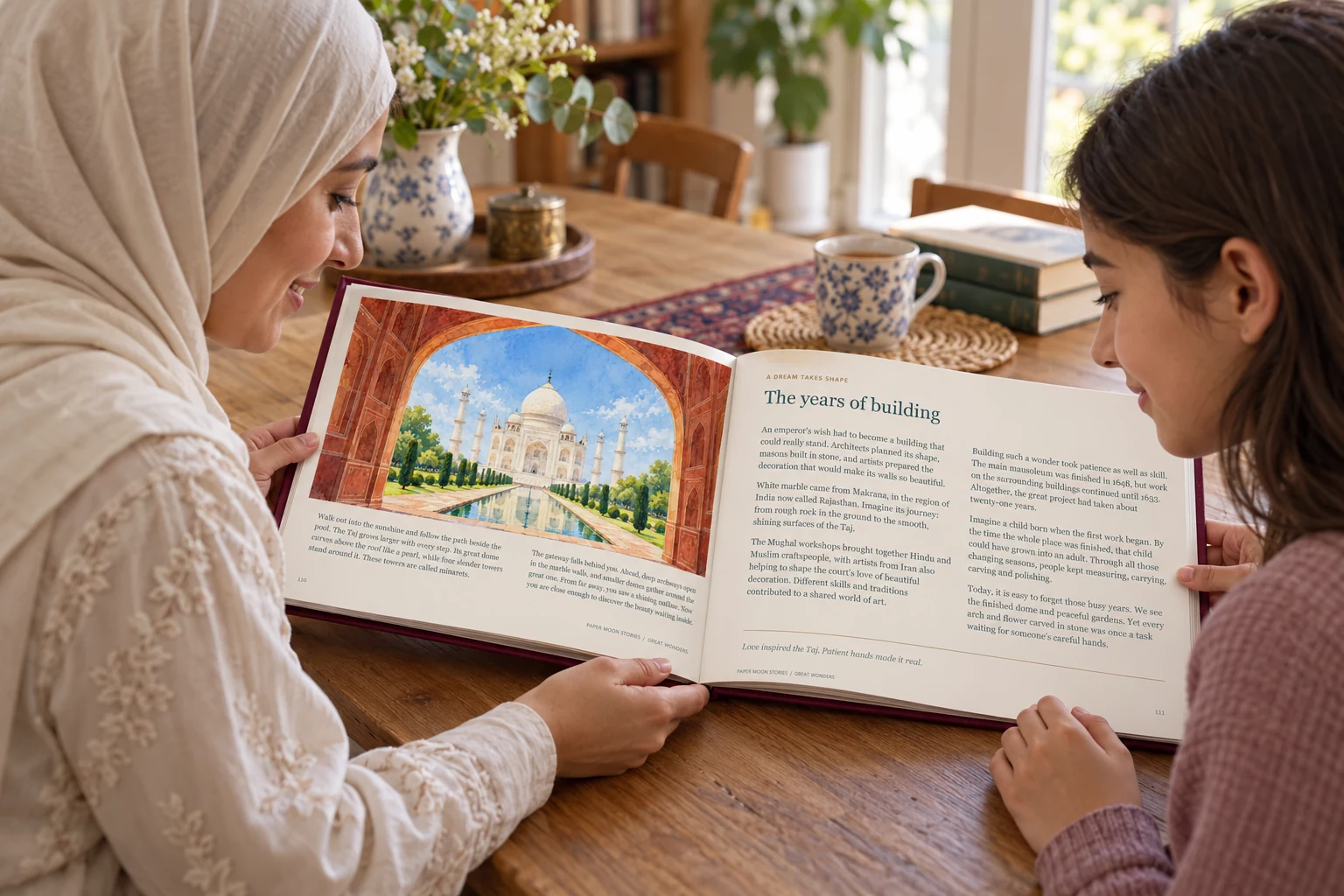 Illustrative family reading Great Wonders of the Islamic World