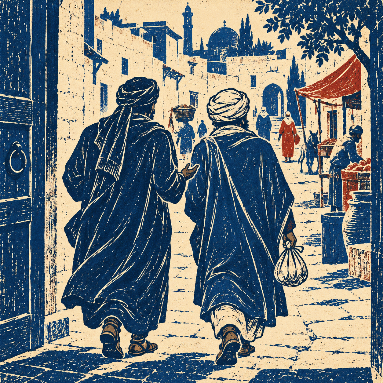 Two friends seen from behind walk side by side from a physician’s doorway towards a busy street; one carries a small food parcel.