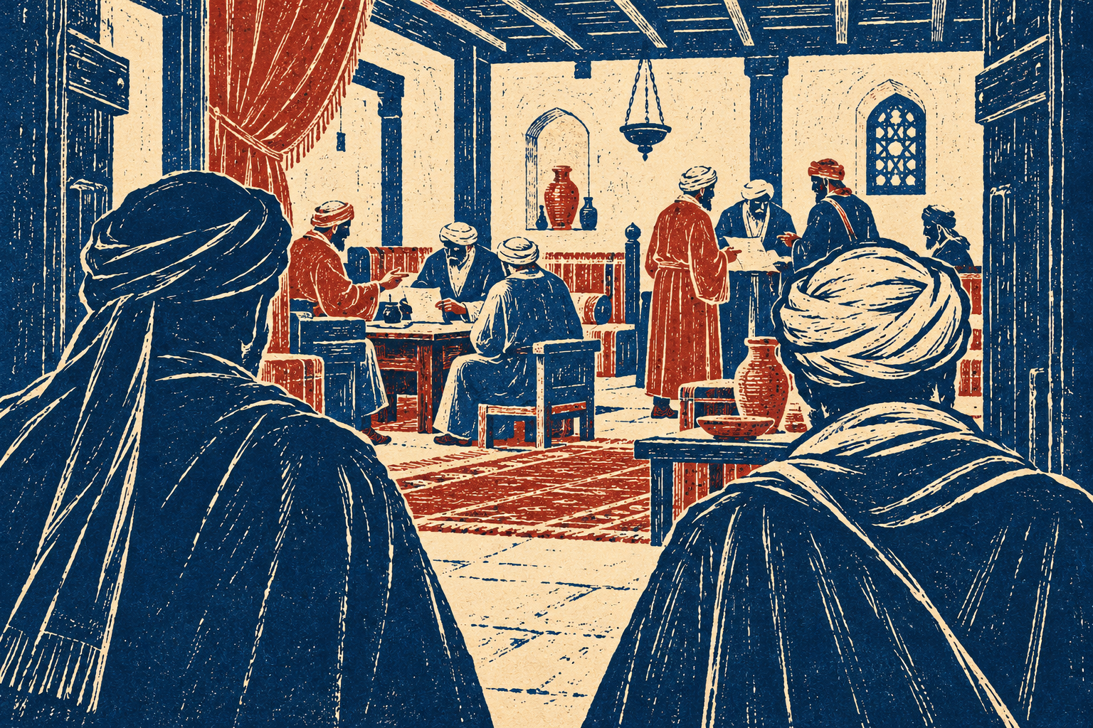 From behind two investigators at a doorway, groups of officials, a clerk and traders discuss papers inside a medieval meeting room.