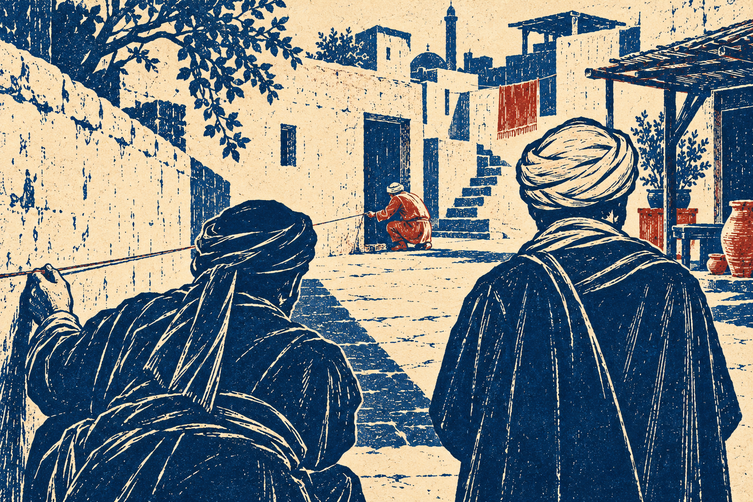 Viewed from behind, one investigator checks a courtyard wall with a cord while his partner watches a helper beside an opening.