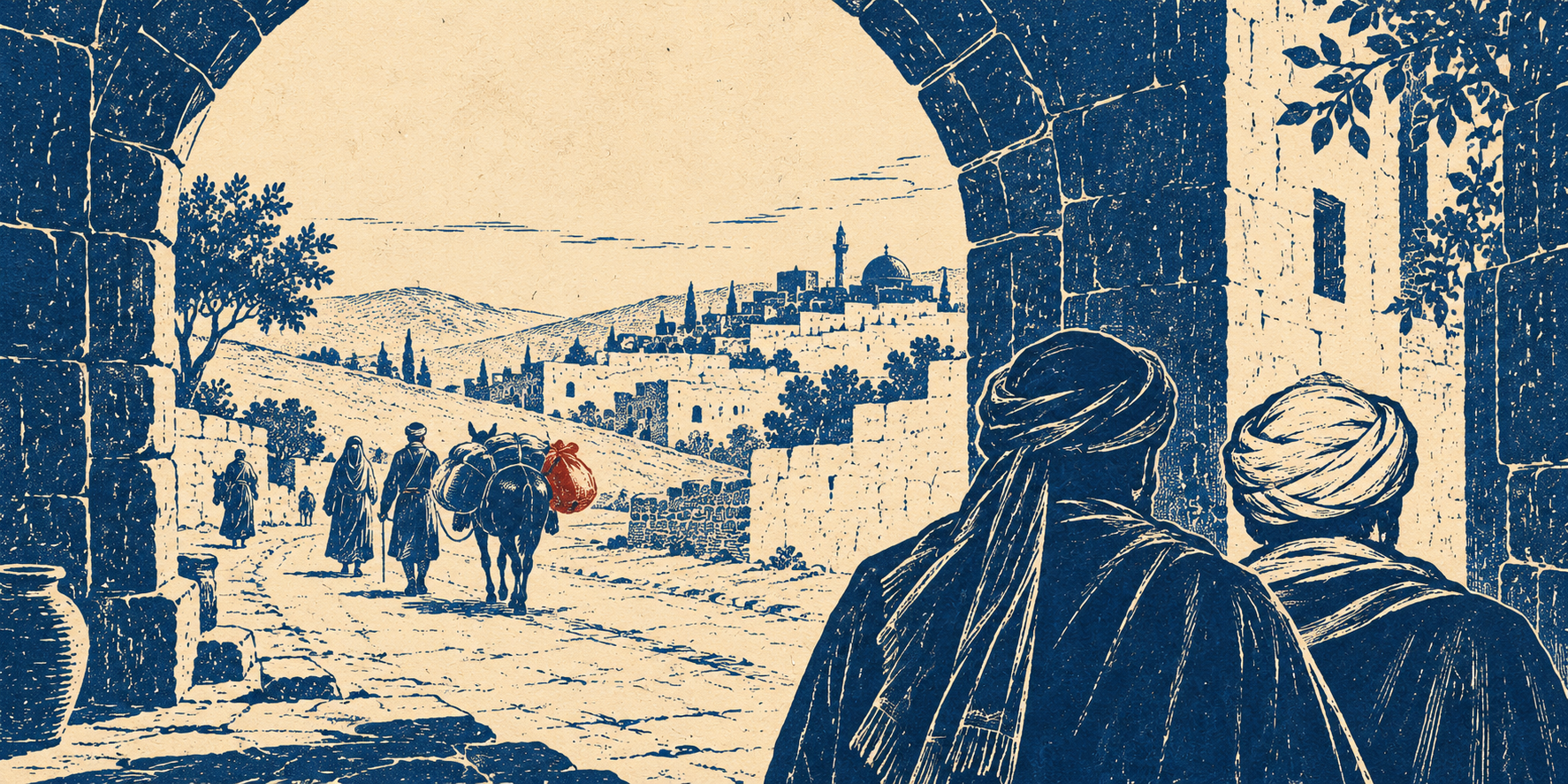 Two investigators seen from behind beneath a simple city gate look towards travellers and an open road beyond, in cobalt and red linocut.