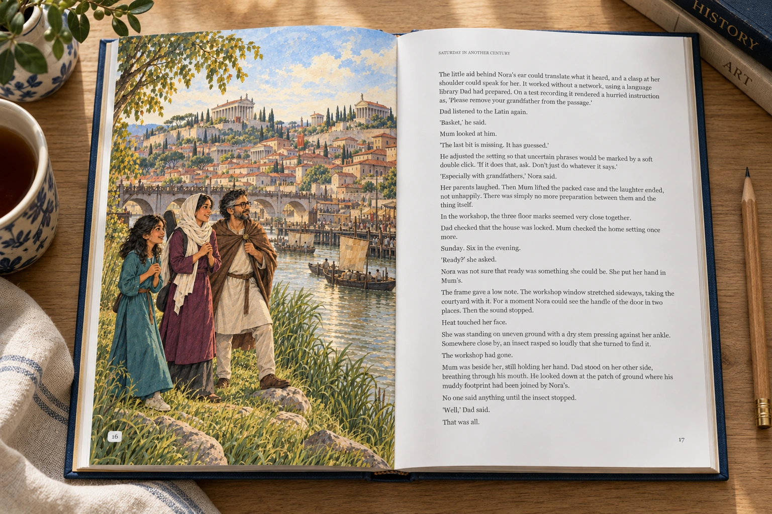 Nora and her parents arrive in Rome: illustrated hardback photograph