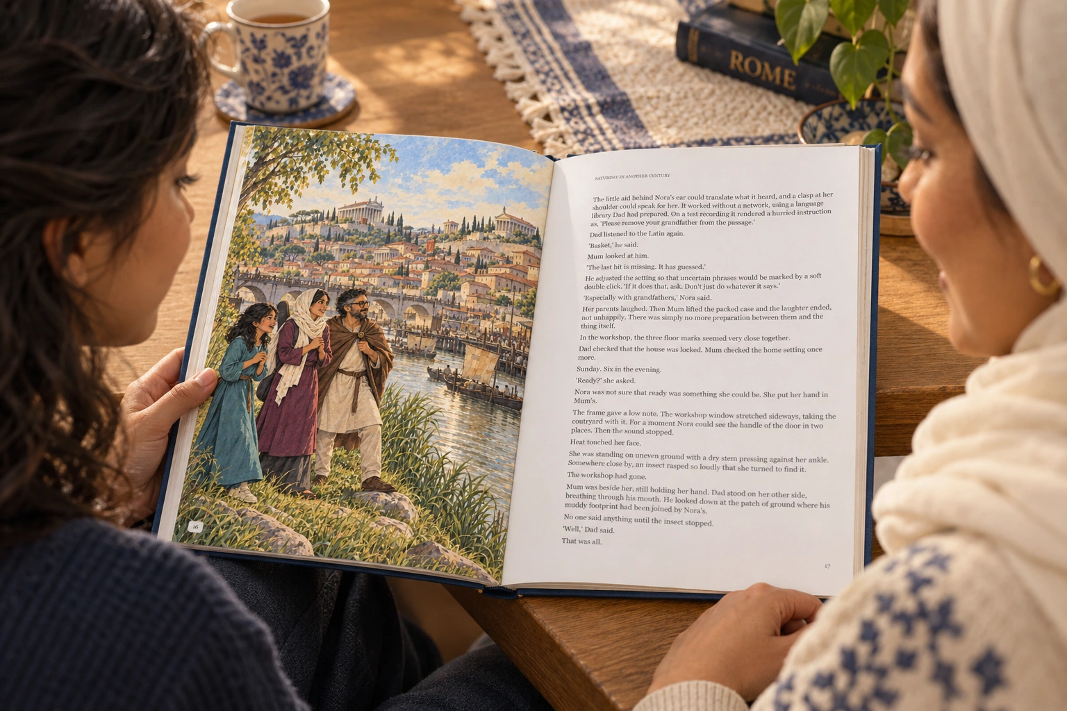 Teenager and parent sharing A Trip in Time to Rome, illustrative photograph