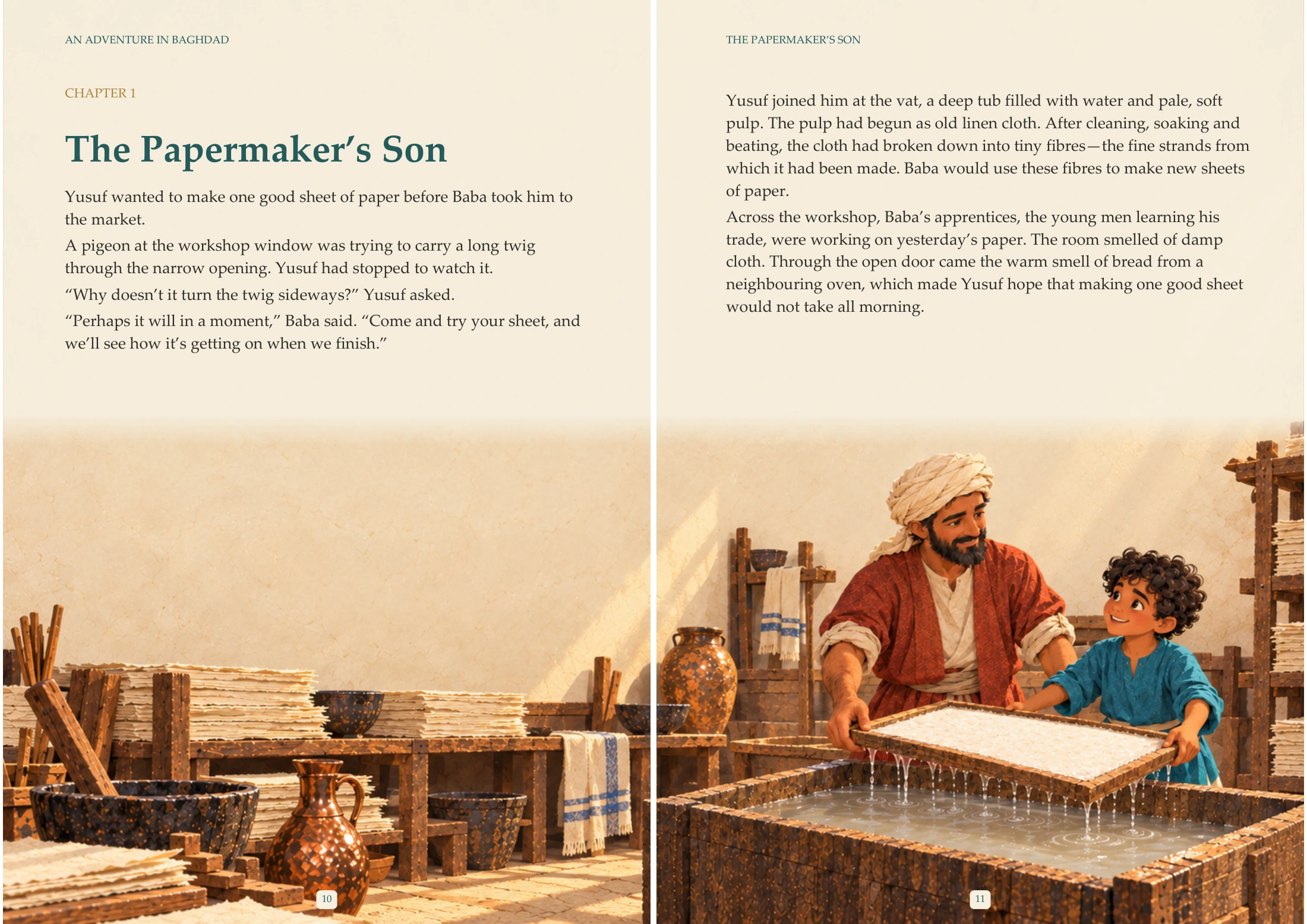 Opening illustrated pages from An Adventure in Baghdad