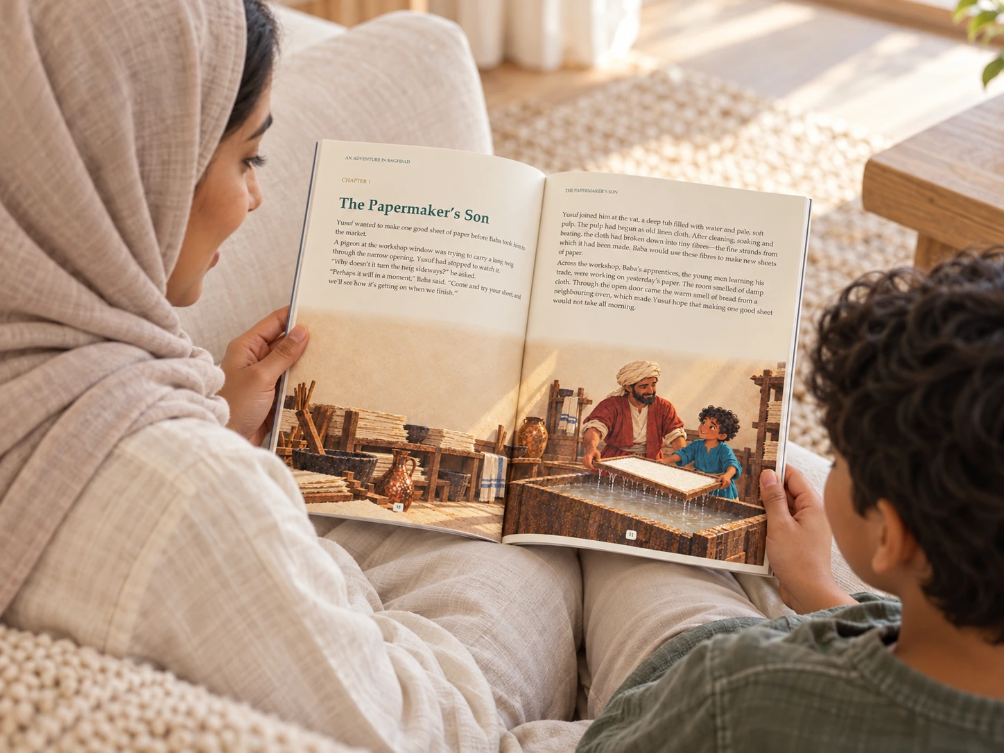 An illustrative photograph of a mother and child reading Yusuf’s adventure together